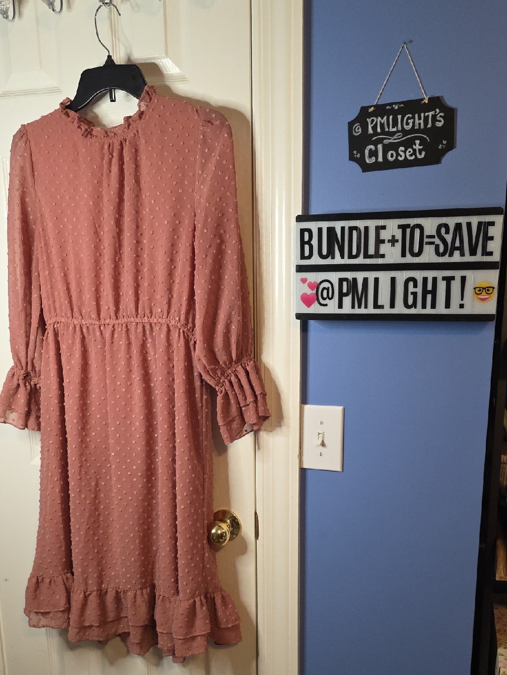 Hayden Dusty Rose Ruffle Long-Sleeve Dress Large Swiss Dots